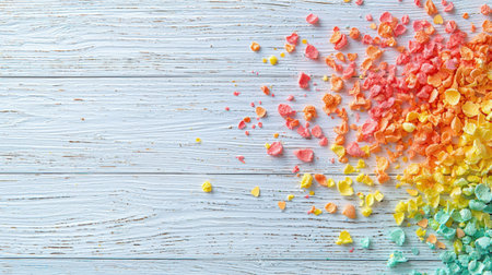 Crushed cereal flakes arranged in a rainbow color gradient on rustic white wood background. Creative, fun and playful food composition concept. Rainbow Food Texture Conceptの素材