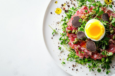 Raw beef tartare garnished with microgreens, black truffle, and quail egg yolk served on a black plate with scattered seasoning and herbs. Gourmet Raw Cuisine concept.の素材