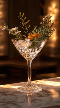 Refined botanical mocktail served in a crystal glass with herbal garnish, elegant non-alcoholic drink concept.の素材