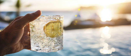 Effortless elegance by the poolside, luxury summer vacation concept with stylish relaxation in a chic setting.の素材