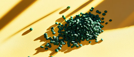 Supplement bottle surrounded by vibrant green spirulina tablets on clean, healthy nutrition...