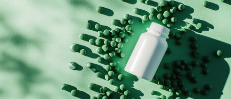 Supplement bottle surrounded by vibrant green spirulina tablets on clean, healthy nutrition...