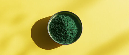 Supplement bottle surrounded by vibrant green spirulina tablets on clean, healthy nutrition...