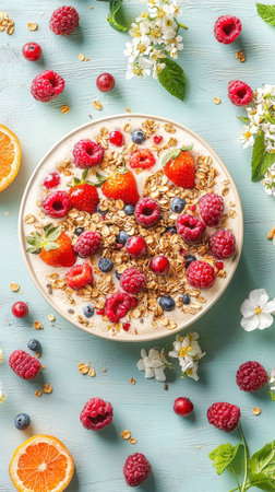 Colorful smoothie bowl with fresh fruit, granola, and chia seeds, healthy plant-based breakfast ideaの素材