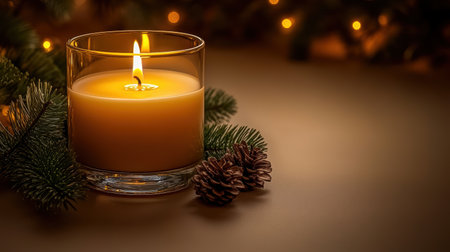 A warm candle surrounded by pinecones and green pine branches on a beige background, creating a cozy holiday and Christmas atmosphere.の素材