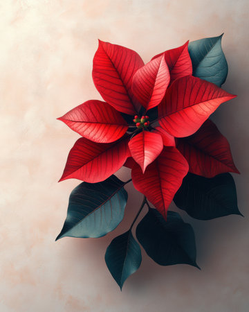 A vibrant red poinsettia flower placed on a beige minimal background, symbolizing Christmas, winter, and holiday decoration.の素材