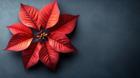 A vibrant red poinsettia flower placed on a beige minimal background, symbolizing Christmas, winter, and holiday decoration.の素材