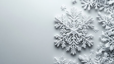 A detailed white snowflake placed on a beige background, symbolizing winter, Christmas, and holiday decoration in a minimal and elegant style.の素材