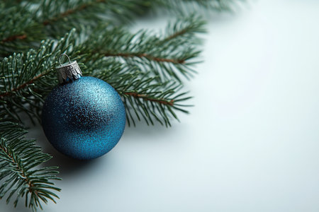 A green Christmas bauble with golden decorative patterns hanging on frosty pine branches, creating a festive and elegant holiday atmosphere.の素材