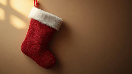 A cozy red Christmas stocking surrounded by red and gold gift boxes, pine branches, and pinecones on a vibrant red festive background. Perfect for holiday and winter celebrationsの素材