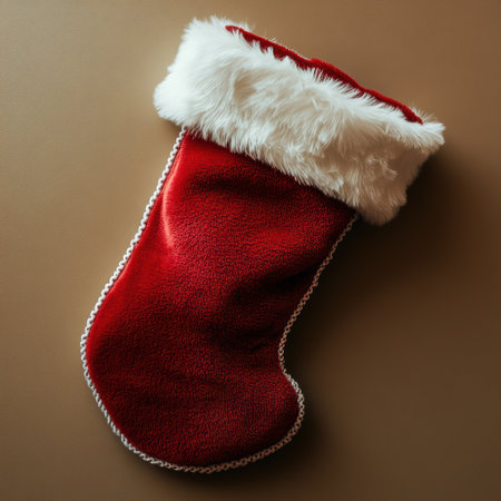 A cozy red Christmas stocking surrounded by red and gold gift boxes, pine branches, and pinecones on a vibrant red festive background. Perfect for holiday and winter celebrationsの素材
