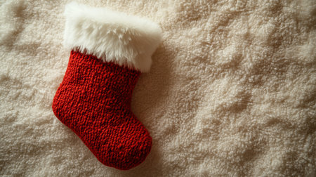 A cozy red Christmas stocking surrounded by red and gold gift boxes, pine branches, and pinecones on a vibrant red festive background. Perfect for holiday and winter celebrationsの素材