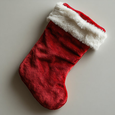 A cozy red Christmas stocking surrounded by red and gold gift boxes, pine branches, and pinecones on a vibrant red festive background. Perfect for holiday and winter celebrationsの素材