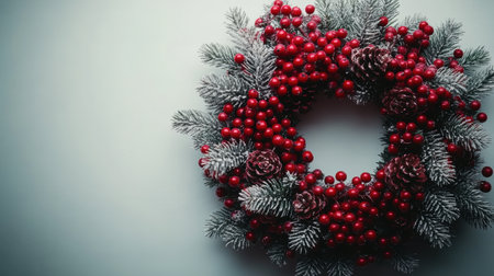 A festive Christmas wreath made of evergreen branches, red berries, and pinecones placed on a textured background, symbolizing holiday celebration and decoration.の素材