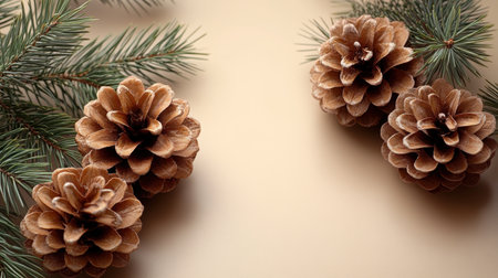 A festive arrangement of brown pinecones with green pine branches placed on a beige background, symbolizing rustic and natural holiday decoration.の素材