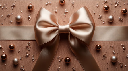Close-up of a beige gift box decorated with a shiny satin ribbon and surrounded by metallic ornaments and pearls, symbolizing elegance and celebration.の素材