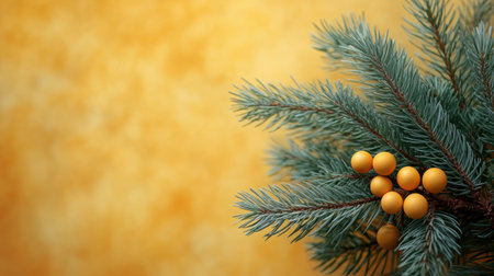 A fresh green pine tree branch decorated with golden berries on a warm yellow background, symbolizing nature and festive winter vibes.の素材