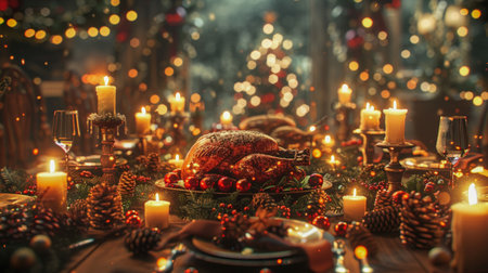 Delicious roasted turkey served on an elegant Christmas table, surrounded by glowing candles, pinecones, ornaments, and festive decorations, creating a warm holiday atmosphere.の素材