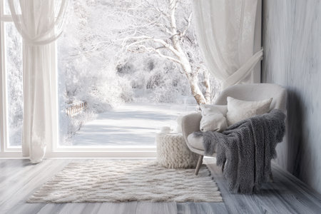 Scandinavian cozy interior with armchair, soft blanket, and snowy forest view through large window, bright winter morning light.の素材
