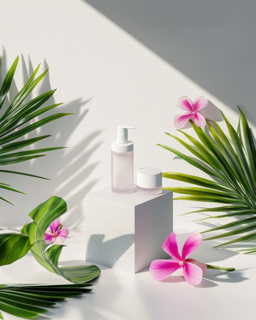 Skincare bottles on podium surrounded by tropical flowers and lush leaves in bright, natural settingの素材