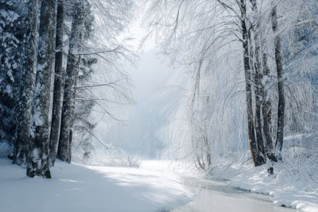 Winter forest landscape with frozen river, snow-covered trees, and soft diffused light creating calm frosty background atmosphere.の素材