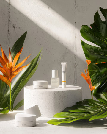 Skincare bottles on podium surrounded by tropical flowers and lush leaves in bright, natural settingの素材