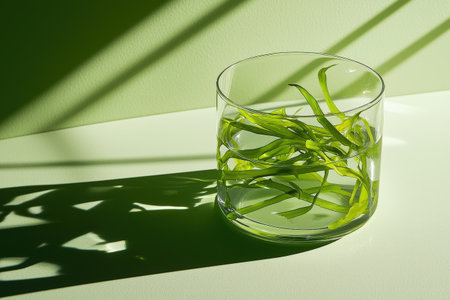 Fresh seaweed samples in transparent lab containers for scientific research and analysisの素材