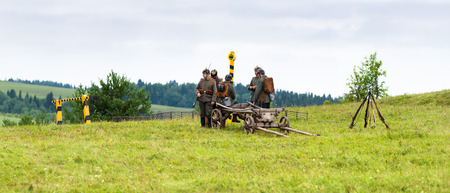 Khohlovka, Russia - 3 August, 2014. Event "Great maneuvers of World War 2 at Khohlovka". German soldiers of the first  world war on the border.のeditorial素材