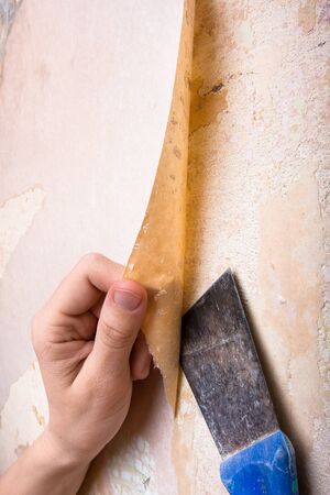 hands removing old wallpaper from wallの写真素材