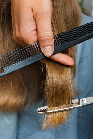 hand of hairdresser trimming hair with scissors, closeupの写真素材