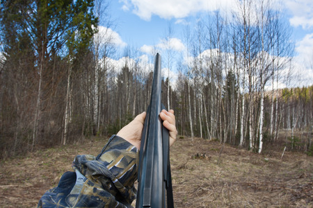 hands of hunter in camouflage waiting prey with shotgun
