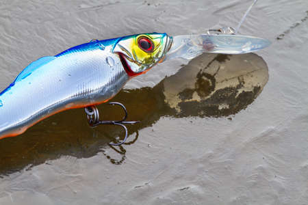spinning bait (blue minnow wobbler) lying on thin autumn ice in the riverの写真素材