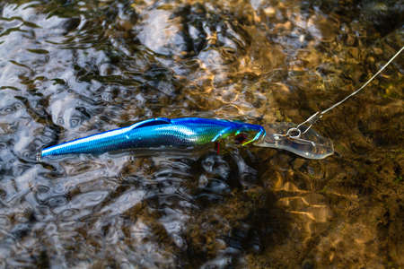 The blue wobbler floats on the choppy surface of the water above the river shallow water. Sunspots are visible on the pebbly bottom.の写真素材