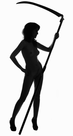 Black silhouette of nude woman with scythe on white backgroundの写真素材