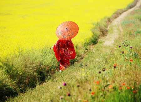 Asian style portrait of a woman walking in the fields, view from backの写真素材