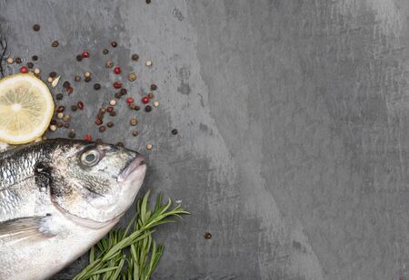 Fresh fish dorado. Dorado and ingredients for cooking on a concrete background.の写真素材