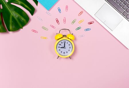Office workplace with alarm clock ring concept, with tropical decoration. Alarm concept on pink...