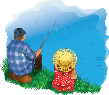 illustrations family fishing on the shoreのイラスト素材