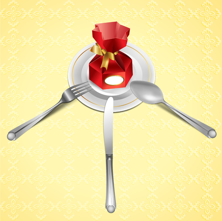 knife, spoon, fork and gift on a dishのイラスト素材
