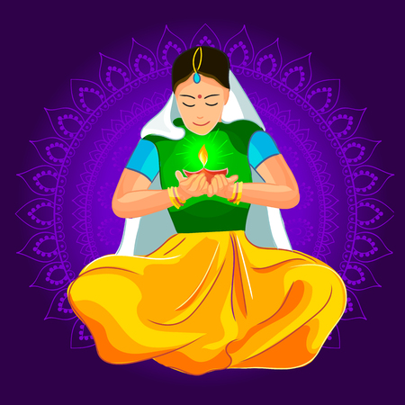 illustration of woman burning diya for Indian festival Diwaliのイラスト素材