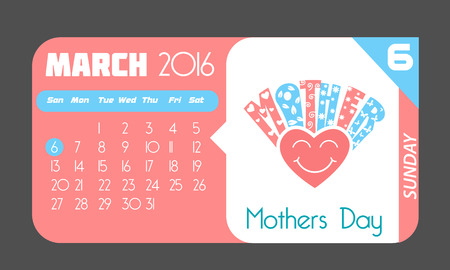 Calendar for each day on March 6. Holiday - Mothers Day. In the style of a modern retroのイラスト素材