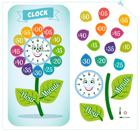 Telling time worksheet for school kids to identify the time. Clock sticker. Game for childrenのイラスト素材