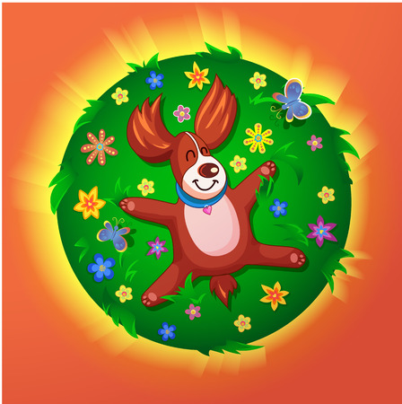 A Little Bit of Freedom. Funny puppy, lying down and relaxing on grassplot with  flowersのイラスト素材