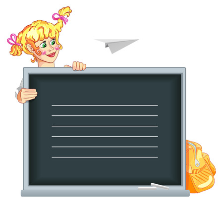 illustration of girl peeping behind board.  cover notebookのイラスト素材