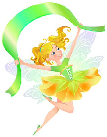 Illustration of cute, kind, cheerful fairy with red hair in flight with a green ribbonのイラスト素材