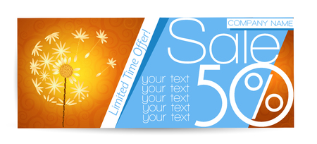 Template  card voucher with the sale on an orange background with dandelionのイラスト素材