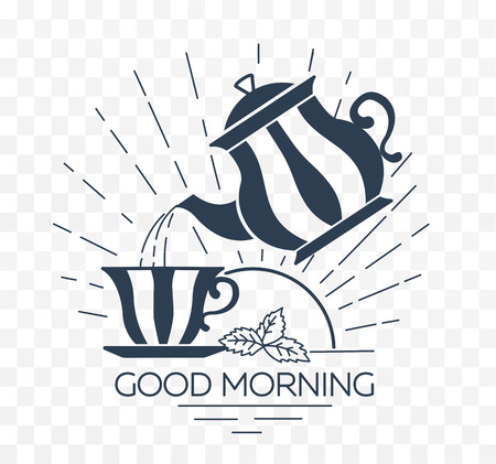 icon Good morning with a cup and teapot in a linear style in black and whiteのイラスト素材