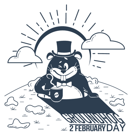 black and white illustration. Holiday - happy groundhog day. Icon in the linear style. Retroのイラスト素材