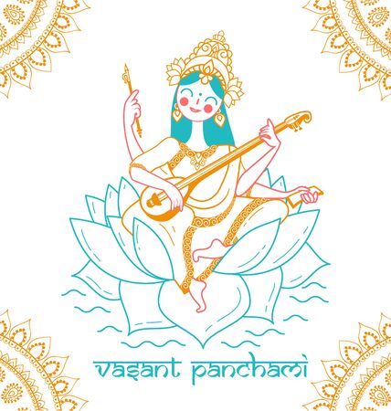 Greeting card. Holiday - Happy Vasant Panchami Saraswati. Icon in the linear styleのイラスト素材