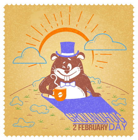 Greeting card. Holiday - happy groundhog day. Icon in the linear style. Retroのイラスト素材